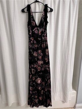 Lulu's Black Floral V-Neck Maxi Dress with Pink Blooms